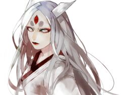  1girl breasts chinese_commentary commentary_request horns long_hair medium_breasts naruto_(series) naruto_shippuuden ohnopp ootsutsuki_kaguya partial_commentary red_lips rinne_sharingan robe solo third_eye upper_body white_eyes white_hair white_horns white_robe 