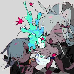  &gt;_&lt; 2girls ahoge animal_ears black_eyes black_shirt bottle chessboard collar food grey_background hair_ornament hair_ribbon highres holding lightning_ahoge long_hair mk1liaoqian multiple_girls open_mouth original pink_pupils ribbon school_uniform serafuku shirt sweat tail water_bottle white_hair 