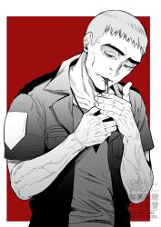  1boy border cheekbones cigarette greyscale_with_colored_background highres jacket jewelry lighting_cigarette male_focus nanu_(pokemon) nazuka_jyo old old_man open_clothes open_jacket own_hands_together pendant pokemon pokemon_sm red_background shirt short_hair short_sleeves simple_background solo upper_body veins veiny_arms watermark white_border z-crystal 
