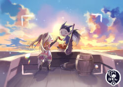  1boy 1girl barrel blonde_hair blue_sky boat boots clouds club_(weapon) dragon_quest dragon_quest_builders_2 dress dusk female_builder_(dqb2) gloves holding_hands horn-shaped_hair oboro_keisuke orange_gloves outdoors pointy_ears sidoh_(dqb2) sitting sky spiked_club twintails viewfinder watercraft weapon 