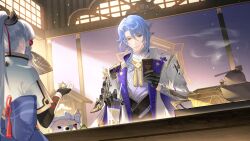  1boy 1girl absurdres agemaki_knot arm_guards armor asymmetrical_armor asymmetrical_hair black_armor black_gloves black_vest blue_eyes blue_hair blue_jacket blunt_tresses blurry brother_and_sister bubble_tea card card_game chagama_(pot) chinese_commentary chinese_knot closed_mouth coat colored_lapels commentary_request cup curtained_hair depth_of_field dice disposable_cup dog drinking_straw elbow_gloves fingerless_gloves flower_knot folding_fan folding_screen genius_invokation_tcg genshin_impact gloves gold_trim grey_hair guaisanmu hair_between_eyes hair_ornament hair_over_shoulder hair_ribbon hair_tubes half_gloves hand_fan hand_up high_ponytail highres holding holding_card holding_cup holding_dice indoors jacket japanese_armor kamisato_ayaka kamisato_ayato ladle lapels light_particles long_sleeves looking_at_object looking_down male_focus medium_hair mole mole_under_mouth open_clothes open_coat parted_bangs playing_card ponytail popped_collar purple_shirt red_ribbon ribbon shiba_inu shirt short_sleeves shoulder_armor siblings single_sode smile sode taroumaru_(genshin_impact) tassel tress_ribbon two-sided_coat two-sided_fabric vest white_coat wide_sleeves 