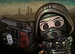  1boy black_gloves brown_eyes brown_hood bulletproof_vest chernobyl_npp chibi chibi_only commentary dog_tags english_commentary gas_mask gloves gun handgun holding holding_dog_tags holding_gun holding_weapon hood hood_up jazz_jack makarov_pm male_focus mask no_sclera skif_(stalker_2) solo stalker_(game) stalker_2:_heart_of_chornobyl tactical_clothes upper_body weapon 