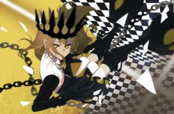  1girl black_crown black_rock_shooter blonde_hair chain chariot_(black_rock_shooter) commentary crown dress galleudos hashtag-only_commentary highres long_hair mechanical_legs skeletal_hand solo wheel wheeled_leg(s) yellow_eyes 