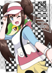  1girl ;d bag blue_eyes brown_hair double_bun from_side hair_bun long_hair looking_at_viewer on_shoulder one_eye_closed open_mouth pokemon pokemon_(creature) pokemon_bw2 pokemon_on_shoulder rosa_(pokemon) shirt shoulder_bag smile snivy twintails visor_cap yyukisnow 