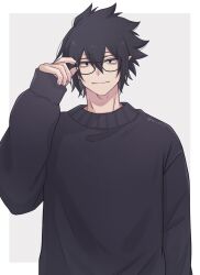  1boy absurdres adjusting_eyewear ai_oi amajiki_tamaki arm_up bespectacled black-framed_eyewear black_hair black_sweater boku_no_hero_academia border closed_mouth double-parted_bangs glasses hair_between_eyes highres long_sleeves looking_at_viewer male_focus outside_border sleeves_past_wrists smile solo spiky_hair sweater upper_body white_border 