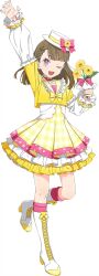  1girl boots bow bowtie braid brown_hair center-flap_bangs daisy_(flower) dress flower frilled_dress frills full_body game_cg gigo gingham_dress hat hat_bow hat_flower high_heel_boots high_heels holding holding_flower kachimachi_kosuzu knee_boots kneehighs link!_like!_love_live! long_sleeves looking_at_viewer love_live! non-web_source official_alternate_costume official_art pink_eyes pink_socks shirt short_dress side_braids simple_background socks solo transparent_background virtual_youtuber white_boots white_hat yellow_bow yellow_bowtie yellow_dress yellow_flower yellow_shirt 