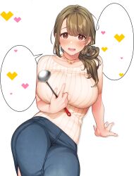  1girl breasts brown_hair dengeki_bunko giuniu heart highres huge_breasts katsuragi_ayako ladle long_hair musume_janakute_mama_ga_suki_nano!? red_eyes ribbed_sweater sweater 