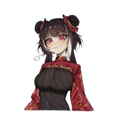  1girl :3 black_hair blush breasts closed_mouth double_bun dress frilled_hair_tie gold_trim hair_bun highres jia_xichun_(project_moon) large_breasts limbus_company long_hair looking_at_viewer multicolored_hair project_moon red_shrug ribbed_dress shrug_(clothing) simple_background smile solo streaked_hair suillus twintails very_long_hair white_background white_streaks 