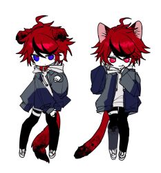  2boys :3 :q ahoge animal_ears belt_collar black_hair black_pants blue_eyes blue_jacket cat_boy cat_ears cat_tail closed_mouth collar colored_skin commentary deformed dog_boy dog_ears dog_tail drawstring dual_persona expressionless grey_jacket hair_between_eyes hand_up hands_up hood hood_down hoodie jacket jacket_over_hoodie kemonomimi_mode long_sleeves male_focus multicolored_hair multicolored_jacket multiple_boys nyab_oo official_alternate_eye_color open_clothes open_jacket pants red_collar red_eyes red_hair shoes short_hair simple_background sketch sleeves_past_wrists sneakers spoilers streaked_hair sumino_takumi symbol-only_commentary tail the_hundred_line_-last_defense_academy- thigh_strap tongue tongue_out tsurime two-tone_hair two-tone_jacket white_background white_hoodie white_shoes white_skin 