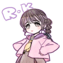  1girl animification black_hair black_ribbon brown_dress commentary deformed dress grey_eyes hair_ribbon hasu_no_sora_school_uniform hood hooded_jacket jacket kurusu_rin link!_like!_love_live! lips long_sleeves looking_at_viewer love_live! mole mole_under_eye multi-tied_hair neckerchief open_clothes open_jacket pink_jacket pleated_dress ponytail real_life ribbon sailor_collar sailor_dress school_uniform shinanoya_(satanicad) shirt simple_background sleeves_past_wrists solo standing symbol-only_commentary voice_actor white_background white_sailor_collar white_shirt winter_uniform yellow_neckerchief 