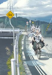  2girls absurdres alternate_costume animal_ears aqua_eyes arms_around_neck ashinowoto behind_another bicycle bicycle_basket black_hair bridge casual clothes_writing day fang floating_hair full_body grey_hair hair_between_eyes highres horse_ears horse_girl horse_tail long_hair looking_at_another multicolored_hair multiple_girls multiple_riders oguri_cap_(umamusume) open_mouth outdoors pants puddle railing riding riding_bicycle river road_sign shirt shoes short_sleeves sign slice_of_life splashing tail tamamo_cross_(umamusume) umamusume very_long_hair violet_eyes water white_hair 