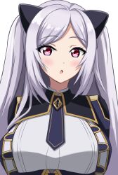  1girl absurdres alexia_midgar blush breasts highres kage_no_jitsuryokusha_ni_naritakute! long_hair looking_at_viewer nagisilon open_mouth red_eyes school_uniform simple_background solo white_background white_hair 