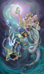  3girls :&lt; absurdres alternate_costume animal_on_shoulder aqua_hanfu arm_up barefoot bird bird_on_shoulder black_hair blue_eyeshadow blue_hanfu blue_sash button_eyes buttons chenatu_tutu chinese_clothes closed_eyes closed_mouth curtained_hair duijin_ruqun earrings energy eyeshadow feather_dress feather_earrings feather_hair_ornament feather_sleeves feathers feixianji_(hairstyle) fingernails floating flower-shaped_pupils follower_(identity_v) forehead_jewel full_body gyan_mudra hagoromo hair_bun hair_ornament hair_pulled_back hanfu headdress highres holding holding_rock holding_wand holographic_clothing identity_v iridescent jade_(gemstone) jewelry lamia leaf_hair_ornament light_particles long_hair long_sleeves looking_at_another looking_down looking_up makeup material_growth monster_girl multicolored_eyes multiple_girls official_art parted_bangs peacock_feathers pearl_earrings pink_sash pink_veil plant profile qi_shiyi qi_shiyi_(ocean_conqueror) red_lips rock rotational_symmetry sash sharp_fingernails shawl short_hair shuangyaji smile swallow_(bird) symbol-shaped_pupils tassel tit_(bird) veil vines waist_sash wand water waves white_hair white_hanfu wide_sleeves yaopei yellow_sash yellow_shawl yidhra_(identity_v) yidhra_(sky_mender)_(identity_v) 