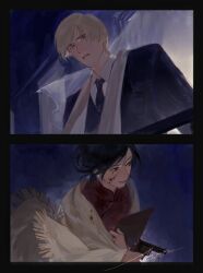  1boy 1girl ada_wong alternate_universe black_border black_hair black_jacket black_necktie blonde_hair blood blood_on_face border collared_shirt dress fringe_trim gun highres holding holding_gun holding_weapon jacket leon_s._kennedy mofa_shuimu_jiang necktie parted_bangs parted_lips red_dress resident_evil scarf shirt short_hair suit_jacket upper_body weapon white_scarf white_shirt 