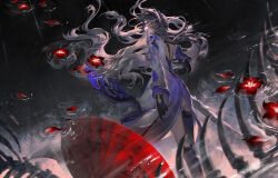  1girl acheron_(honkai:_star_rail) armor asymmetrical_gloves asymmetrical_legwear belt belt_buckle black_background black_belt black_gloves black_hairband buckle cherry_blossoms chinese_commentary closed_mouth coat coat_on_shoulders commentary_request detached_sleeves dress elbow_gloves expressionless eyelashes feet_out_of_frame floating_hair flower gloves grey_hair hairband hei_yu highres holding holding_umbrella honkai:_star_rail honkai_(series) kneehighs leg_belt long_dress long_hair long_sleeves looking_ahead making-of_available oil-paper_umbrella pauldrons petals pointy_nose puddle purple_dress purple_sleeves purple_socks purple_thighhighs red_flower red_umbrella reflection reflection_focus short_sleeves shoulder_armor side_slit single_bare_shoulder single_elbow_glove single_kneehigh single_pauldron single_sock single_thighhigh skeleton sleeve_belt socks solo standing thigh-highs thigh_belt thigh_strap umbrella very_long_hair violet_eyes wavy_hair white_belt white_coat wind 