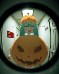  absurdres blush english_text halloween halloween_costume hatsune_miku highres looking_at_viewer pov_peephole pumpkin pumpkin_costume ryouko_c signature trick_or_treat vocaloid 