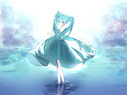  1girl aqua_eyes aqua_hair backlighting bare_arms bare_shoulders black_dress bush chinese_commentary circon closed_mouth commentary_request day dress expressionless full_body hair_between_eyes hatsune_miku highres long_hair looking_at_viewer medium_dress ocean outdoors pleated_dress reflection reflective_liquid shadow shinkai_shoujo_(vocaloid) sky sleeveless sleeveless_dress solo spaghetti_strap tareme twintails very_long_hair vocaloid wading wavy_hair white_sky 