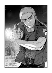  1boy absurdres aiming belt border cheekbones closed_mouth greyscale gun highres holding holding_gun holding_lantern holding_weapon jacket jewelry lantern looking_at_viewer male_focus monochrome nanu_(pokemon) nazuka_jyo old old_man open_clothes open_jacket outdoors pants pendant pokemon pokemon_sm shirt short_hair short_sleeves solo upper_body watermark weapon white_border z-crystal 