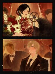  ada_wong alternate_universe black_border black_bow black_bowtie black_hair black_jacket black_necktie black_suit black_vest blonde_hair blush border bouquet bow bowtie breasts china_dress chinese_clothes collared_shirt dress earrings flower gold_trim hair_bun hetero highres holding holding_bouquet jacket jewelry leon_s._kennedy lipstick looking_at_another makeup medium_breasts microphone_stand mofa_shuimu_jiang music necktie red_dress red_flower resident_evil shirt short_hair signature singing suit suit_jacket updo upper_body vest waistcoat white_flower white_shirt 