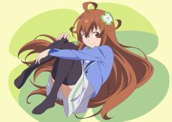  1girl ahoge amamiya_mimori black_thighhighs blazer blue_jacket brown_eyes brown_hair closed_mouth clover_hair_ornament dress hair_ornament highres hugging_own_legs jacket long_hair open_clothes open_jacket school_uniform shadowverse shadowverse_(animated_series) shadowverse_(anime) solo thigh-highs white_dress yusuke_oshida 