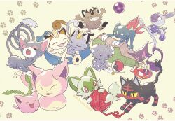  alolan_meowth black_fur brown_fur cat_day espurr galarian_meowth glameow green_fur grey_fur highres hisuian_sneasel hoppip litten metapod murase_(muraselelait) no_humans open_clothes paw_print pink_fur pokemon pokemon_(creature) purple_fur purrloin red_fur skitty sneasel snorlax sprigatito tail two-tone_fur yarn yarn_ball 