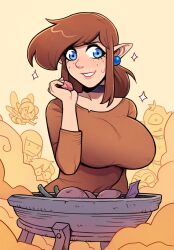  1girl 6+others :| alternate_costume arm_up black_choker blue_eyes breasts brellom brown_hair brown_shirt choker closed_mouth clouds collarbone commentary_request cooking_pot crowd earrings fairy fang freckles genderswap genderswap_(mtf) grin highres holding holding_rock jewelry large_breasts link long_sleeves medium_hair monochrome_background mullet multiple_others object_request octorok open_mouth pointy_ears rock shirt smile solo_focus sparkle sweatdrop the_legend_of_zelda upper_body yellow_background 