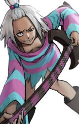  1girl aqua_eyes bass_guitar black_boots boots collarbone commentary forehead grin hair_bobbles hair_ornament highres holding holding_bass_guitar holding_instrument holding_plectrum instrument long_sleeves plectrum pokemon pokemon_bw2 roxie_(pokemon) simple_background smile solo striped_clothes topknot white_background white_hair zomboyaku 