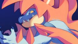  blue_skin claws colored_skin feraligatr glowing glowing_eyes hclysword highres looking_at_viewer mega_feraligatr no_humans orange_eyes pokemon pokemon_(creature) pokemon_legends:_z-a solo upper_body 