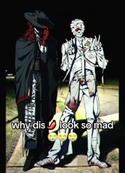  2boys aleph_(reverse:1999) bandaged_foot bandaged_hand bandaged_head bandages black_cape black_hat black_pants black_shoes black_sky cape crying_emoji double_v emoji english_text full_body gloves hand_on_headwear hat highres long_hair meme merlin_(reverse:1999) multiple_boys night outdoors pants red_gloves red_hair reverse:1999 shaded_face shirt shoes sidewalk sky standing surgical_scissors the_idealist_(reverse:1999) tool_kit v white_pants white_shirt why_dis_ninja_look_so_mad_(meme) yama_(yama_7182) 