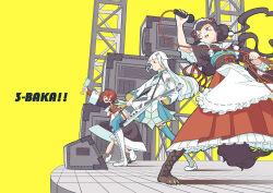  3girls ange_katrina ange_katrina_(1st_costume) animal_hair_ornament ankle_boots apron arm_up armband band_(music) blue_skirt blue_thighhighs blunt_bangs blush_stickers boots breasts brown_boots brown_coat brown_hair brown_kimono brown_sash brown_tail buttons cable cardigan clawed_boots coat collared_shrug commentary_request dog_girl dog_tail double-breasted electric_guitar floating_hair flower frilled_apron frilled_skirt frills grey_skirt group_name guitar hair_flower hair_ornament heterochromia high-waist_skirt highres holding holding_cable holding_guitar holding_instrument holding_microphone holding_rattle hottakarashi instrument inui_toko inui_toko_(1st_costume) japanese_clothes kimono knee_boots lace-up_boots layered_skirt legs_apart legwear_garter lize_helesta lize_helesta_(1st_costume) long_hair long_skirt looking_ahead low_twintails maid_headdress microphone multiple_girls music nijisanji obi obiage obijime off_shoulder open_mouth playing_instrument pleated_skirt pleated_sleeves rattle red_cardigan red_eyes red_hair red_skirt sanbaka_(nijisanji) sash shirt shirt_tucked_in short_hair shrug_(clothing) skirt small_breasts stage standing sweat tail thigh-highs truss twintails very_long_hair violet_eyes virtual_youtuber waist_apron white_apron white_boots white_hair white_headdress white_shirt white_shrug white_skirt yellow_background yellow_eyes zettai_ryouiki 