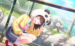  1girl :d animal_hood blurry blush brown_hair closed_eyes day game_cg grass green_ribbon highres hood long_hair long_sleeves neck_ribbon open_mouth outdoors panda ribbon shoes skirt smile socks solo squatting third-party_source v world_dai_star yanagiba_panda 