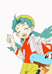  1girl :d bike_shorts blue_hair closed_eyes croconaw fangs hat int168 jacket kris_(pokemon) long_hair long_sleeves looking_at_another looking_at_viewer open_mouth pink_bag pokemon pokemon_(creature) pokemon_gsc red_eyes red_shirt shirt shorts simple_background smile twintails upper_body white_background white_jacket yellow_hat yellow_shorts 