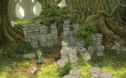  1girl absurdres antenna_hair blue_dress commentary_request creature day dress fantasy forest green_hair highres koki08186863 long_hair long_sleeves looking_back mushroom nature original outdoors path pillar shield solo tree walking wide_shot 