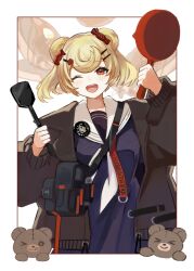  &gt;_o 1girl animal_ears arknights arms_up bag bear_ears bear_girl black_jacket blonde_hair blue_shirt border butter candy_hair_ornament commentary crop_top food food-themed_hair_ornament frying_pan gummy_(arknights) hair_ornament heart highres holding holding_frying_pan holding_spatula jacket k-yosinori lollipop_hair_ornament looking_at_viewer neckerchief one_eye_closed open_clothes open_jacket open_mouth outside_border pancake red_eyes redrawn sailor_collar shirt signature simple_background sketch smile solo spatula stuffed_animal stuffed_toy syrup teddy_bear teeth upper_teeth_only white_background white_border white_neckerchief white_sailor_collar 