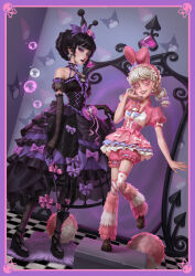  2girls absurdres analogous_colors animal_ears arm_at_side bare_shoulders black_choker black_corset black_dress black_gloves black_hair black_pantyhose black_shoes blonde_hair bloomers blue_eyeshadow blunt_bangs blush border bow bow_skirt bowtie brown_shoes bubble button_eyes buttons character_brooch character_print checkered_floor chenatu_tutu chinese_commentary choker closed_mouth corset crinoline cropped_jacket detached_sleeves diagonal-striped_legwear diagonal-striped_thighhighs dress dress_bow drill_hair drill_sidelocks earrings elbow_gloves eyeshadow fake_animal_ears frilled_choker frilled_corset frilled_dress frilled_hairband frilled_skirt frills full_body fur_leg_warmers fur_rug gem gloves grin hair_bow hair_bun hair_ornament hairband halter_dress halterneck hand_to_own_mouth heart heart-shaped_eyes heart-shaped_gem high-waist_skirt high_heels highres holding holding_polearm holding_weapon identity_v jacket jewelry knees_together_feet_apart kuromi lace lace_gloves layered_skirt leg_warmers lily_barriere lily_barriere_(stunning_my_melody) lipstick looking_at_viewer makeup mary_(identity_v) mary_(merry_kuromi)_(identity_v) medium_dress miniskirt mirror multiple_girls my_melody official_alternate_costume official_art pantyhose pink_bloomers pink_bow pink_bowtie pink_corset pink_eyes pink_gemstone pink_jacket pink_leg_warmers pink_lips pink_skirt platform_shoes polearm polka_dot polka_dot_thighhighs pom_pom_(cheerleading) puffy_detached_sleeves puffy_short_sleeves puffy_sleeves pumps purple_border purple_bow purple_bowtie purple_choker purple_lips rabbit_ears raised_inner_eyebrows rug shirt shoes short_sleeves short_twintails side-by-side sidelocks sideways_glance single_hair_bun skirt skirt_hold skull_hair_ornament sleeve_bow smile solid_eyes sparkle_earrings standing standing_on_box standing_on_one_leg star_(symbol) striped_clothes striped_thighhighs thigh-highs trident twintails violet_eyes waist_bow wallpaper_(object) weapon white_shirt white_thighhighs 