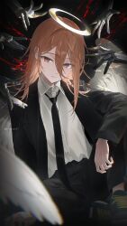  1boy angel_devil_(chainsaw_man) angel_wings black_jacket black_necktie black_pants black_suit chainsaw_man feathered_wings hair_between_eyes halo highres jacket long_hair long_hair_between_eyes male_focus necktie pants planetzer_0 red_eyes red_hair shirt solo suit suit_jacket white_halo white_shirt white_wings wings 