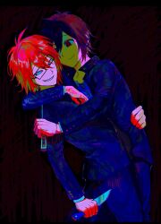  2boys black-framed_eyewear black_eyes black_hair black_jacket black_pants boxcutter gakuran glasses highres holding holding_boxcutter holding_knife hug jacket knife long_sleeves male_focus multiple_boys open_clothes open_jacket orange_hair pants randal&#039;s_friends randal_ivory rectangular_eyewear rpdlcnd_17 school_uniform shirt smile tsukada_satoru white_shirt 