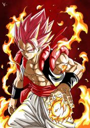  1boy alternate_color aura black_vest cowboy_shot cropped_vest dragon_ball dragon_ball_super dragon_ball_super_broly fire gogeta highres kakeru_(dbskakeru) male_focus medium_hair metamoran_vest open_clothes open_vest pants red_background red_eyes red_hair red_sash sash solo spiky_hair super_saiyan super_saiyan_god vest white_pants 