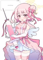  1girl alternate_costume blue_archive breasts commentary elbow_gloves gloves hair_bun halo highres kurosaki_kousuke magical_girl pink_eyes pink_hair request_inset serina_(blue_archive) small_breasts solo striped_clothes syringe thigh-highs 