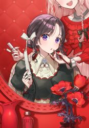  2girls applying_makeup black_nails black_shirt bow bracelet braid breasts brown_hair buttons cherico commentary_request double-breasted flower frilled_shirt frills hair_bow hair_bun jewelry lipstick long_sleeves looking_at_mirror looking_at_viewer makeup mirror multiple_girls open_mouth original parted_lips pink_skirt pitcher_(container) red_nails red_shirt shirt sitting skirt small_breasts solo_focus standing upper_body vase violet_eyes 