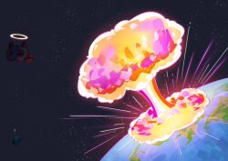  ? absurdres black_sky cat earth_(planet) emphasis_lines explosion floating food fox_mask halo heaven_burns_red highres kayamori_ruka kiryuu_miya mask planet raito_taisha shirakawa_yuina sky space star_(sky) 