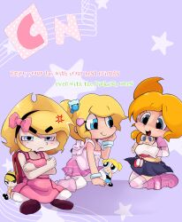  >:( absurdres angry animal_bag armlet bear_hair_ornament black_headband blue_eyes blue_skirt bow bubbles_(ppg) cartoon_network character_doll dee_dee detached_sleeves dexter's_laboratory doll dress english_commentary english_text frown hair_ornament headband heart heart_hair_ornament highres holding holding_stuffed_toy jewelry jongocheese mandy_(grim_adventures) pink_bow pink_dress pink_shirt pink_shoes pink_skirt powerpuff_girls purple_background rabbit_bag red_bag shirt shoes skirt smile star_(symbol) striped_clothes striped_thighhighs stuffed_toy the_grim_adventures_of_billy_&amp;_mandy thigh-highs v-shaped_eyebrows 