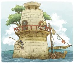  3girls animal_ears bandana blonde_hair blue_hair blue_shirt boat bucket cat_ears cat_girl cat_tail caustics closed_eyes clothesline clouds commentary day dress fishing highres knees_up koki08186863 lifebuoy multiple_girls open_mouth original outdoors red_bandana red_hair sailboat shirt short_sleeves sitting sitting_on_stairs smile stairs striped_clothes striped_shirt swim_ring tail tower tree water watercraft waves white_dress wide_shot 