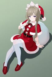  1girl absurdres blonde_hair blue_eyes capelet closed_mouth dress futatunoniji genshin_impact hair_between_eyes hat highres holding holding_sack jacket long_hair looking_at_viewer pantyhose red_capelet red_dress red_jacket red_shoes sack sandrone_(genshin_impact) santa_costume santa_dress santa_hat shoes solo thigh-highs white_pantyhose white_thighhighs 
