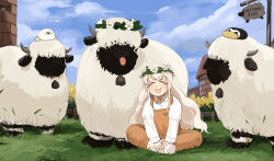  1girl absurdres bird capybara_keeper_(diva) closed_eyes diva_(hyxpk) donut_stamp duck english_commentary flower_wreath grass grey_hair hat head_wreath highres orange_overalls overalls penguin_hat sheep shirt sitting smile stuffed_seal tongue tongue_out white_shirt zoo zookeeper zookeepers_(diva) 