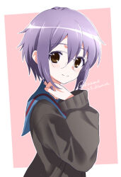  1girl anime_coloring artist_name blue_sailor_collar blush brown_cardigan cardigan closed_mouth commentary_request glasses highres kita_high_school_uniform kuuma25_kuma long_sleeves looking_at_viewer looking_to_the_side nagato_yuki nagato_yuki-chan_no_shoushitsu official_style purple_hair sailor_collar school_uniform serafuku short_hair smile solo suzumiya_haruhi_no_shoushitsu suzumiya_haruhi_no_yuuutsu twitter_username watermark winter_uniform 