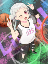  1girl ;d absurdres arashi_chisato ball basketball_(object) basketball_court black_shoes black_shorts character_name commentary double_v full_body grey_hair highres liella!_solo_outfit_design_vote litecolors_radi looking_at_viewer love_live! love_live!_superstar!! one_eye_closed open_mouth pink_eyes rhythm_(love_live!) shirt shoes short_sleeves shorts smile sneakers solo v white_shirt 