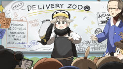  4boys 5girls :d @_@ absurdres bird black_hair black_overalls blonde_hair blue_hair blue_haired_boy_(diva) blue_suit bob_cut_twin_(diva) brown_hair diva_(hyxpk) donut_stamp double_bun duck english_commentary girl_with_fangs_(diva) glasses grey_hair hair_bun hat highres holding holding_pencil king_penguin lion_shirt_boy_(diva) multiple_boys multiple_girls nervous overalls pencil penguin penguin_fan_(diva) penguin_hat penguin_keeper_(diva) red_hair shirt smile suit survey_girl_(diva) teacher topknot_twin_(diva) upside-down white_shirt whiteboard zoo zookeeper zookeepers_(diva) 