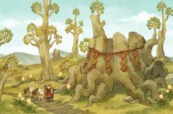  1girl absurdres animal boulder brown_hair clouds commentary_request day dirt_road dress flower full_body highres holding holding_staff koki08186863 long_hair long_sleeves mountainous_horizon original outdoors red_dress road rope saddlebags shide shimenawa solo staff tree tree_stump wide_shot 