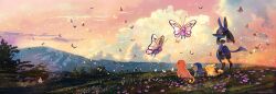  1other butterfree charmander clouds commentary_request field fire flame-tipped_tail flower furry lucario outdoors pikachu pink_flower piplup pokemon pokemon_(anime) pokemon_(classic_anime) pokemon_(creature) red_eyes rojo0110 tail wide_shot 